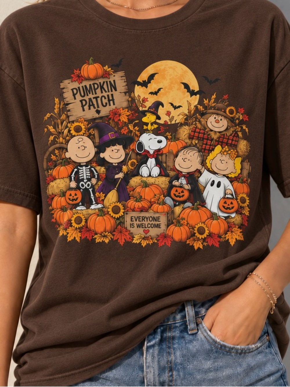 Dark chocolate Snoopy Pumpkin Patch Spooky Fall Aesthetic Womens Tee Shirt - Picture 3 of 4